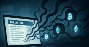 Editorial illustration of ModStealer malware stealing crypto through fake job ads, with a glowing laptop, digital wallet icons, and subtle Windows, Mac, and Linux symbols in the background.