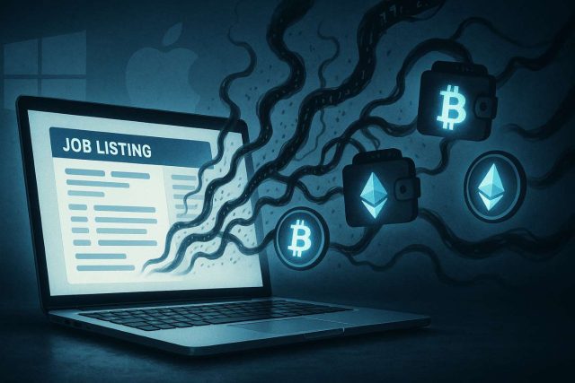 Invisible ModStealer Malware Spreads Through Fake Job Ads to Drain Crypto Wallets Editorial illustration of ModStealer malware stealing crypto through fake job ads, with a glowing laptop, digital wallet icons, and subtle Windows, Mac, and Linux symbols in the background.
