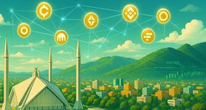 Editorial illustration of Islamabad’s Faisal Mosque with digital ledger patterns overlaying the skyline, symbolizing Pakistan crypto licensing and regulation. Glowing network lines connect to icons of global crypto exchanges, highlighting international firms entering a $300B market serving 40M users. 16:9, no text overlays.