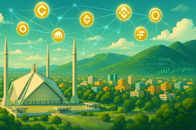 Pakistan Opens Licensing Doors to Global Crypto Firms, Offering Regulated Access to 40 Million Users Editorial illustration of Islamabad’s Faisal Mosque with digital ledger patterns overlaying the skyline, symbolizing Pakistan crypto licensing and regulation. Glowing network lines connect to icons of global crypto exchanges, highlighting international firms entering a $300B market serving 40M users. 16:9, no text overlays.