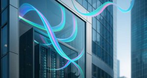 Wall Street glass tower with glowing validator racks and Solana-colored ribbons, symbolizing Sol Strategies’ Nasdaq listing (STKE) and its hybrid Solana treasury + staking model.