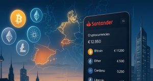 editorial illustration of Santander’s digital bank Openbank launching crypto trading in Europe. Futuristic interface with Bitcoin, Ether, Cardano, Litecoin, and Polygon icons hovering above a digital screen, Germany highlighted on a glowing Europe map with Spain next in line.