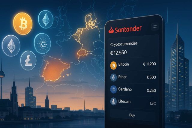 Santander’s Openbank Crypto Launch Begins in Germany, Spain Next editorial illustration of Santander’s digital bank Openbank launching crypto trading in Europe. Futuristic interface with Bitcoin, Ether, Cardano, Litecoin, and Polygon icons hovering above a digital screen, Germany highlighted on a glowing Europe map with Spain next in line.