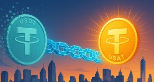 Editorial illustration of a symbolic handover from Tether’s USDT to the new USAT stablecoin. A fading USDT coin dissolves on the left, while a glowing USAT coin emerges on the right, connected by a blockchain bridge. The background shows a modern U.S. city skyline, representing Tether’s shift to the regulated American market.