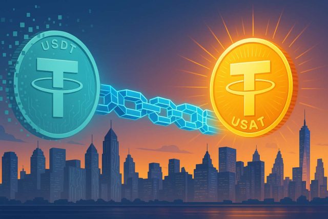 Tether’s USAT Stablecoin: U.S. Launch Signals New Era Backed by Billion-Dollar Profits Editorial illustration of a symbolic handover from Tether’s USDT to the new USAT stablecoin. A fading USDT coin dissolves on the left, while a glowing USAT coin emerges on the right, connected by a blockchain bridge. The background shows a modern U.S. city skyline, representing Tether’s shift to the regulated American market.