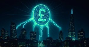 Glowing digital pound coin above London skyline at night, with neon blockchain beams linking UK banks, symbolizing tokenized sterling deposits pilot.