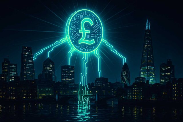 Tokenized Sterling Deposits: UK Banks Test a Safer Path for Digital Payments Glowing digital pound coin above London skyline at night, with neon blockchain beams linking UK banks, symbolizing tokenized sterling deposits pilot.