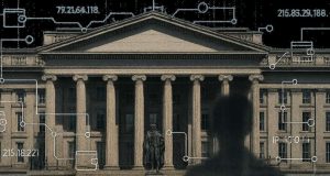 Editorial illustration of the U.S. Treasury building with blockchain motifs and fading crypto user silhouette, symbolizing FinCEN’s mixer rule and crypto privacy concerns.