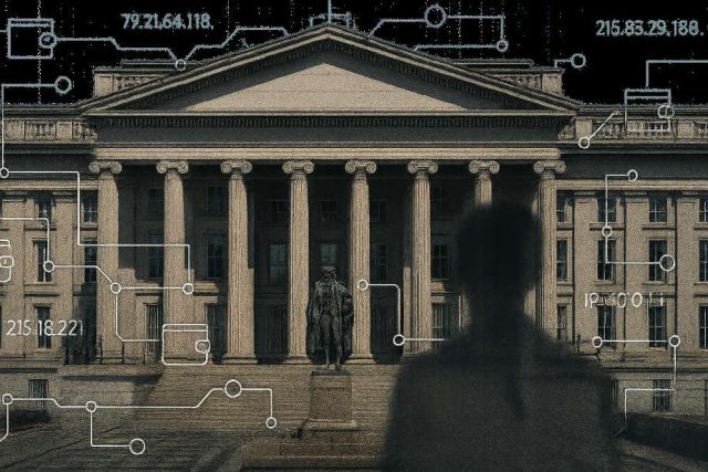 U.S. Treasury’s Mixer Rule Nears Final Stage Despite Friendlier White House Crypto Stance Editorial illustration of the U.S. Treasury building with blockchain motifs and fading crypto user silhouette, symbolizing FinCEN’s mixer rule and crypto privacy concerns.