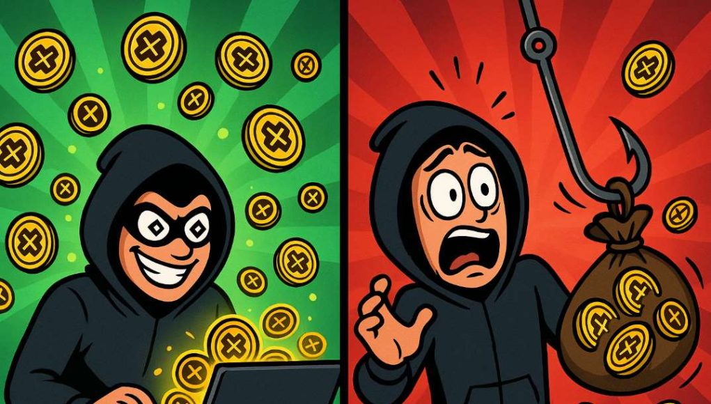UXLINK-hack Cartoon-style meme of a hacker minting UXLINK tokens on one side and losing them to a phishing hook on the other, symbolizing the ironic UXLINK hack aftermath.