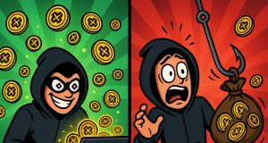 Cartoon-style meme of a hacker minting UXLINK tokens on one side and losing them to a phishing hook on the other, symbolizing the ironic UXLINK hack aftermath.