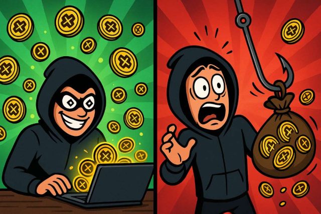 UXLINK Hacker Gets Hacked: $2B Token Minting Scandal Takes a Bizarre Turn Cartoon-style meme of a hacker minting UXLINK tokens on one side and losing them to a phishing hook on the other, symbolizing the ironic UXLINK hack aftermath.