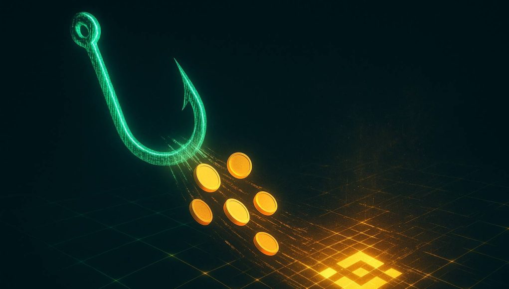 Phishing hook made of digital code stealing cryptocurrency tokens from a glowing BNB Chain network grid, symbolizing the $27M Venus Protocol hack and DeFi security risks.