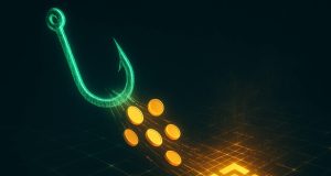 Phishing hook made of digital code stealing cryptocurrency tokens from a glowing BNB Chain network grid, symbolizing the $27M Venus Protocol hack and DeFi security risks.