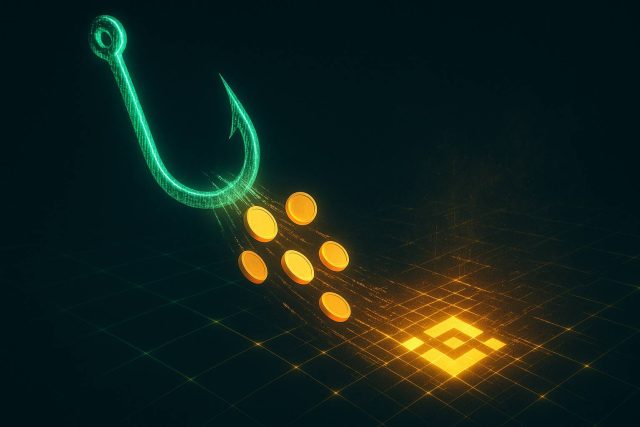 Phishing hook made of digital code stealing cryptocurrency tokens from a glowing BNB Chain network grid, symbolizing the $27M Venus Protocol hack and DeFi security risks.