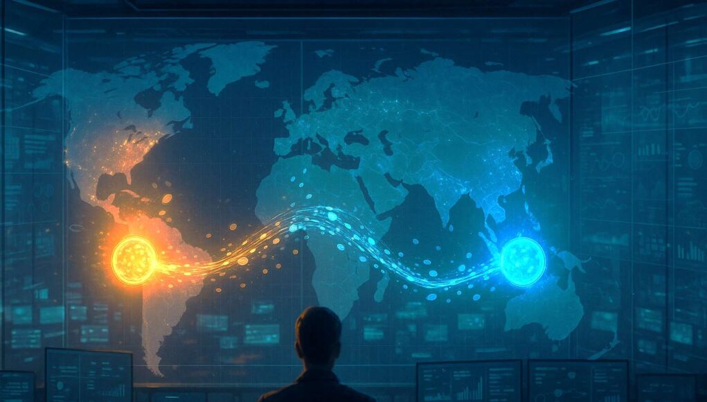 ACI-Worldwide-BitPay-partnership Futuristic digital control room with glowing data streams linking two network hubs in blue and amber light, representing ACI Worldwide and BitPay collaboration in crypto payments.