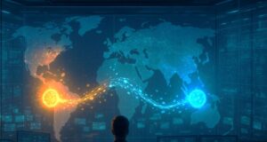 Futuristic digital control room with glowing data streams linking two network hubs in blue and amber light, representing ACI Worldwide and BitPay collaboration in crypto payments.