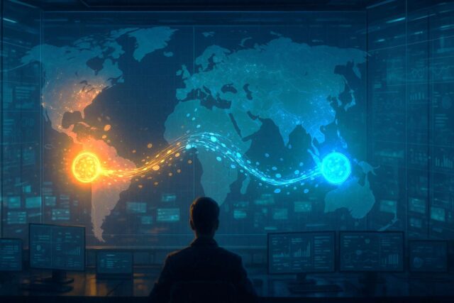 Futuristic digital control room with glowing data streams linking two network hubs in blue and amber light, representing ACI Worldwide and BitPay collaboration in crypto payments.