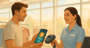 Customer using smartphone for Bealls crypto payments via Flexa at a bright retail checkout counter.