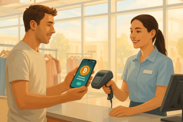 Customer using smartphone for Bealls crypto payments via Flexa at a bright retail checkout counter.