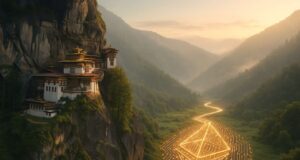 Editorial illustration, Aerial view of Bhutan’s Tiger’s Nest Monastery above a glowing Ethereum-shaped digital circuit river symbolizing national digital identity migration.