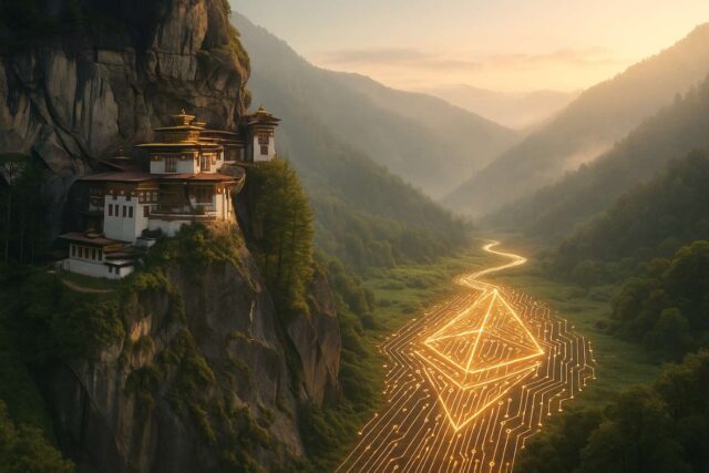 From Polygon to Ethereum: Why Bhutan Is Moving Its National ID to the World’s Largest Blockchain Editorial illustration, Aerial view of Bhutan’s Tiger’s Nest Monastery above a glowing Ethereum-shaped digital circuit river symbolizing national digital identity migration.