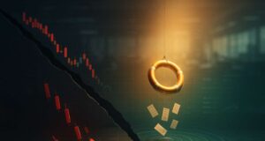 Editorial illustration: a lifebuoy descends over a cracked trading chart after the Oct 10–11 crash, symbolizing the Binance relief fund and trader compensation.