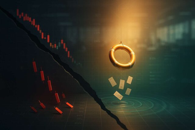 Binance relief fund: $400M plan sparks accountability debate Editorial illustration: a lifebuoy descends over a cracked trading chart after the Oct 10–11 crash, symbolizing the Binance relief fund and trader compensation.