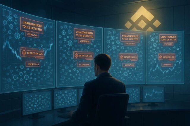 A high-detail 3:2 editorial illustration showing a digital security command center inside Binance headquarters, with analysts monitoring holographic screens displaying alerts about unauthorized trading tools. The scene symbolizes Binance bans 600 accounts to reinforce platform compliance and fair trading integrity.