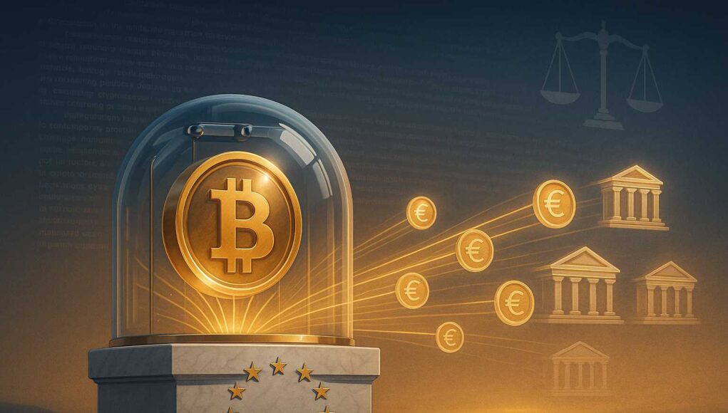 Bitcoin-backed-loans Golden Bitcoin enclosed in a transparent glass vault sphere on a marble pedestal engraved with EU stars, symbolizing Europe’s first regulated Bitcoin-backed loan by 21bitcoin and VR-Bank under MiCAR compliance.