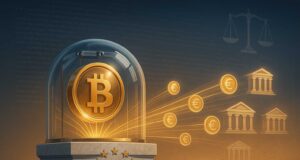 Golden Bitcoin enclosed in a transparent glass vault sphere on a marble pedestal engraved with EU stars, symbolizing Europe’s first regulated Bitcoin-backed loan by 21bitcoin and VR-Bank under MiCAR compliance.