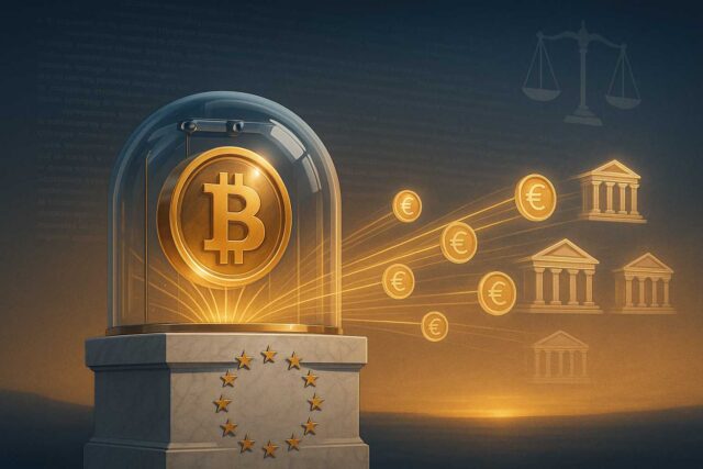 Golden Bitcoin enclosed in a transparent glass vault sphere on a marble pedestal engraved with EU stars, symbolizing Europe’s first regulated Bitcoin-backed loan by 21bitcoin and VR-Bank under MiCAR compliance.