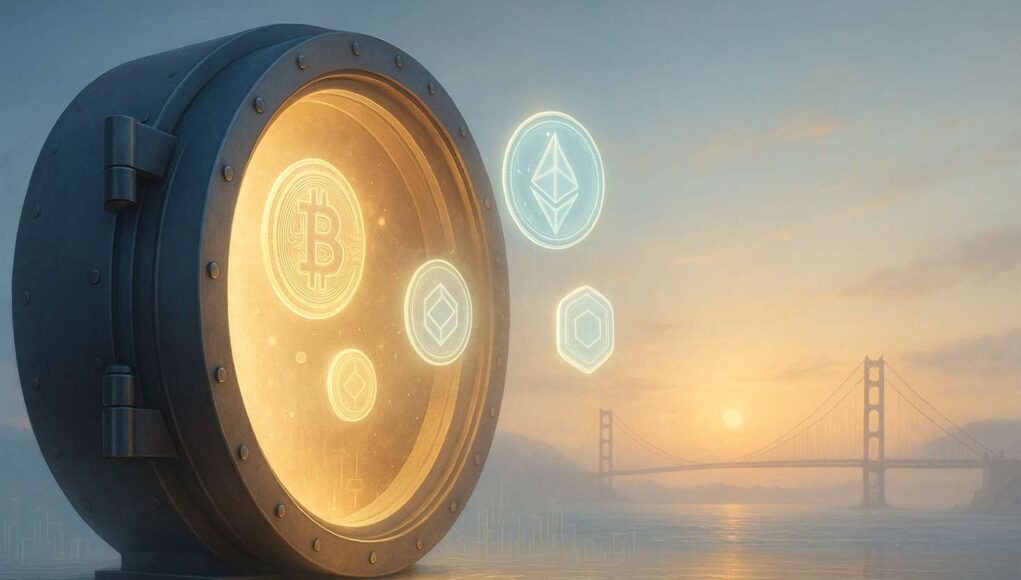 California-unclaimed-crypto-law Illustration of a glowing digital vault on the California coastline at sunrise, with floating holographic crypto coins and the Golden Gate Bridge in the background, symbolizing the California unclaimed crypto law protecting dormant assets.
