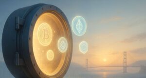 Illustration of a glowing digital vault on the California coastline at sunrise, with floating holographic crypto coins and the Golden Gate Bridge in the background, symbolizing the California unclaimed crypto law protecting dormant assets.