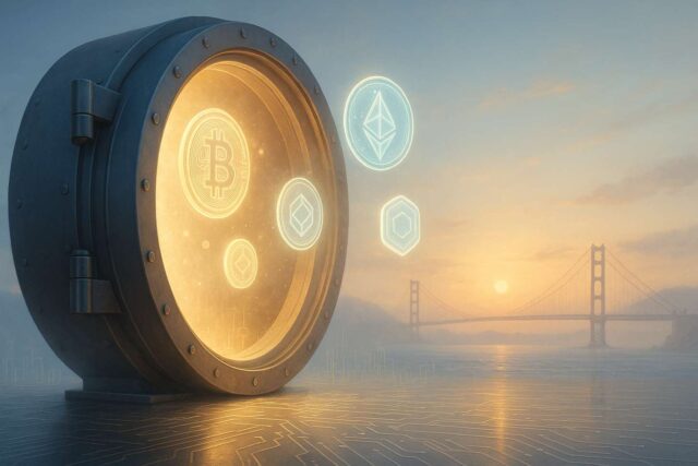 California Outlaws Forced Sell-Offs of Unclaimed Crypto — Not a “Bitcoin Seizure” Illustration of a glowing digital vault on the California coastline at sunrise, with floating holographic crypto coins and the Golden Gate Bridge in the background, symbolizing the California unclaimed crypto law protecting dormant assets.
