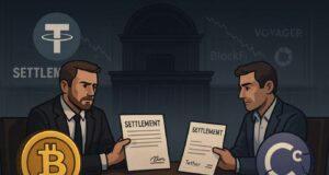 Illustration of the Celsius Tether lawsuit settlement, showing two men in suits representing Tether and Celsius seated across a courtroom table, exchanging signed settlement documents.