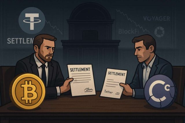 Illustration of the Celsius Tether lawsuit settlement, showing two men in suits representing Tether and Celsius seated across a courtroom table, exchanging signed settlement documents.
