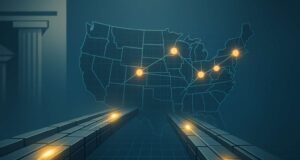 Coinbase OCC trust charter: parallel digital payment rails converge on a U.S. grid map, signaling federally supervised, nationwide crypto payments.