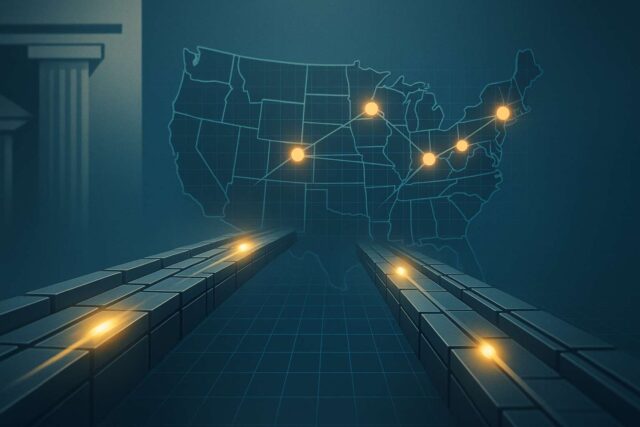 Coinbase OCC trust charter: parallel digital payment rails converge on a U.S. grid map, signaling federally supervised, nationwide crypto payments.