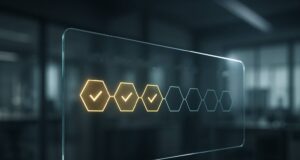 “Editorial image of a transparent glass data panel showing a chain of hexagonal checkpoints lighting up as verified, against a soft-focus research lab background, symbolizing on-chain model verification and reproducible research.