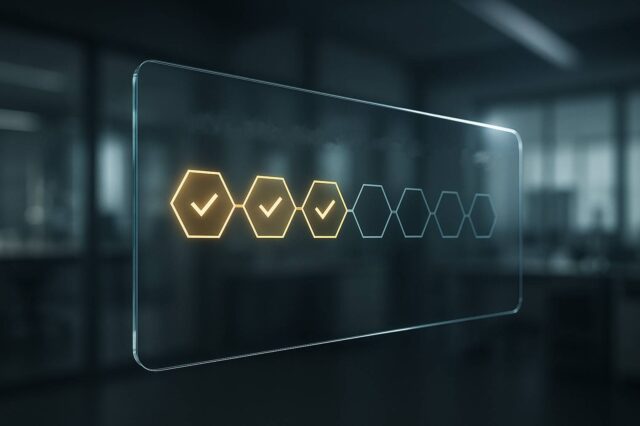 “Editorial image of a transparent glass data panel showing a chain of hexagonal checkpoints lighting up as verified, against a soft-focus research lab background, symbolizing on-chain model verification and reproducible research.