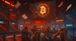 Traders panic on a digital crypto trading floor as red charts collapse during the Oct. 10 crypto flash crash; the Binance logo flickers amid falling Bitcoin and Ethereum prices in a chaotic “Crypto’s Black Friday” scene.
