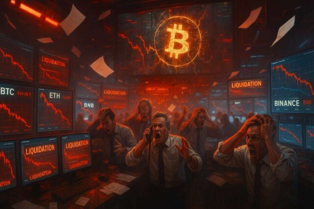 Crypto’s Black Friday: Inside the Oct. 10 Flash Crash, the Binance Depegs, and the Weekend Rebound Traders panic on a digital crypto trading floor as red charts collapse during the Oct. 10 crypto flash crash; the Binance logo flickers amid falling Bitcoin and Ethereum prices in a chaotic “Crypto’s Black Friday” scene.