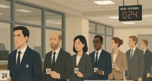 Bankers and crypto executives wait in line at a government office labeled “OCC Trust Charter Applications,” symbolizing Crypto.com’s national trust bank charter filing and the 2025 race for federal approval among digital-asset firms.