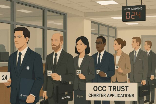 Bankers and crypto executives wait in line at a government office labeled “OCC Trust Charter Applications,” symbolizing Crypto.com’s national trust bank charter filing and the 2025 race for federal approval among digital-asset firms.