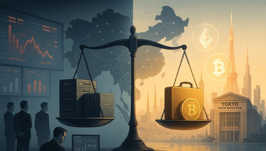 Digital-Asset-Treasury-Asia Symbolic illustration showing Asia’s divided approach to Digital Asset Treasury rules — regulators on one side, Tokyo’s open crypto market on the other.