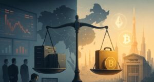 Symbolic illustration showing Asia’s divided approach to Digital Asset Treasury rules — regulators on one side, Tokyo’s open crypto market on the other.