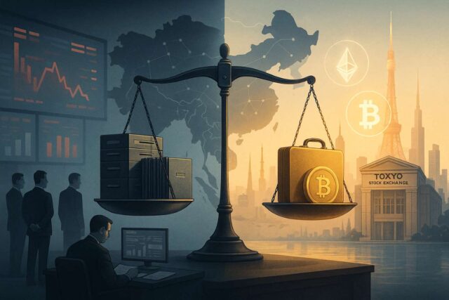 Symbolic illustration showing Asia’s divided approach to Digital Asset Treasury rules — regulators on one side, Tokyo’s open crypto market on the other.