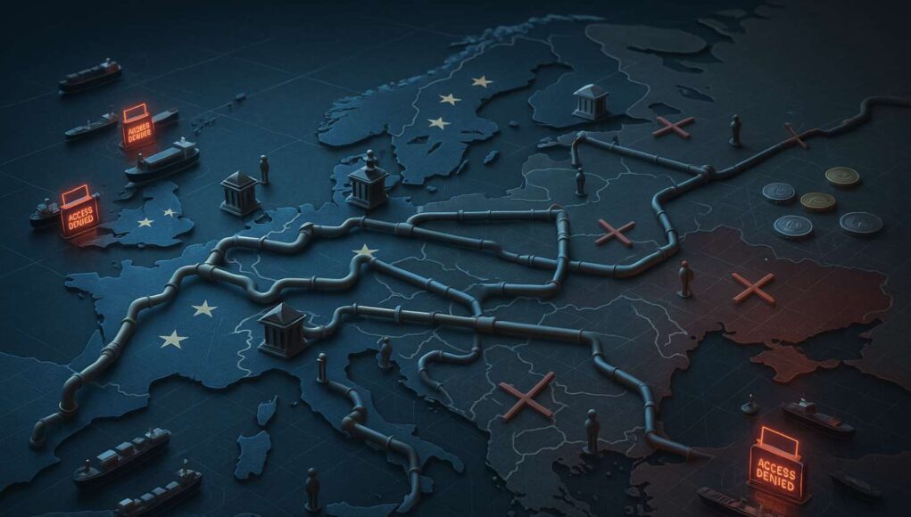 EU-Russia-Sanctions-Package A cinematic editorial illustration showing a strategic board game map of Europe where miniature ships are stopped by “Access Denied” harbor gates, blocked pipelines, and fenced crypto tokens symbolize the EU 19th sanctions package, A7A5 stablecoin ban, and energy trade restrictions.