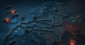 A cinematic editorial illustration showing a strategic board game map of Europe where miniature ships are stopped by “Access Denied” harbor gates, blocked pipelines, and fenced crypto tokens symbolize the EU 19th sanctions package, A7A5 stablecoin ban, and energy trade restrictions.